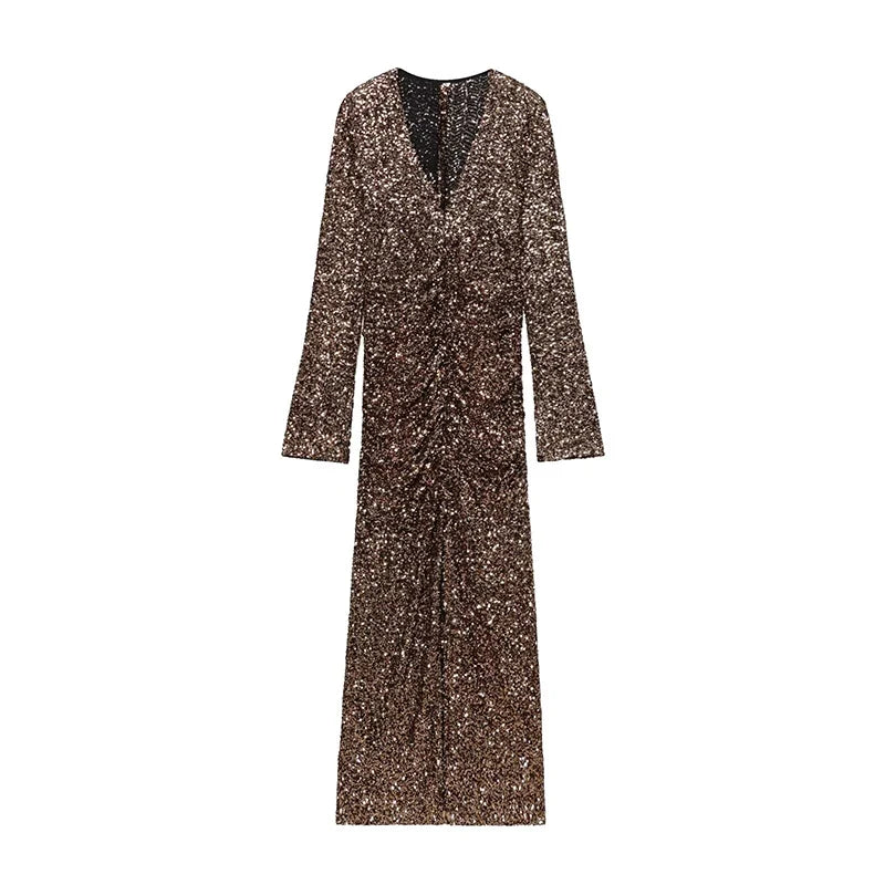 Side Draping V Neck Bodycon Long Sequin Dresses Party Sexy Maxi Vestidos