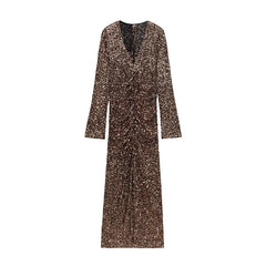 Side Draping V Neck Bodycon Long Sequin Dresses Party Sexy Maxi Vestidos