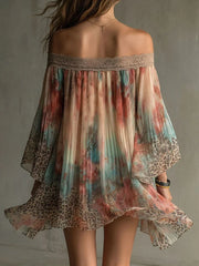 Casual Off Shoulder Long Sleeved Dresses Lace Patchwork Chiffon Mini Dresses