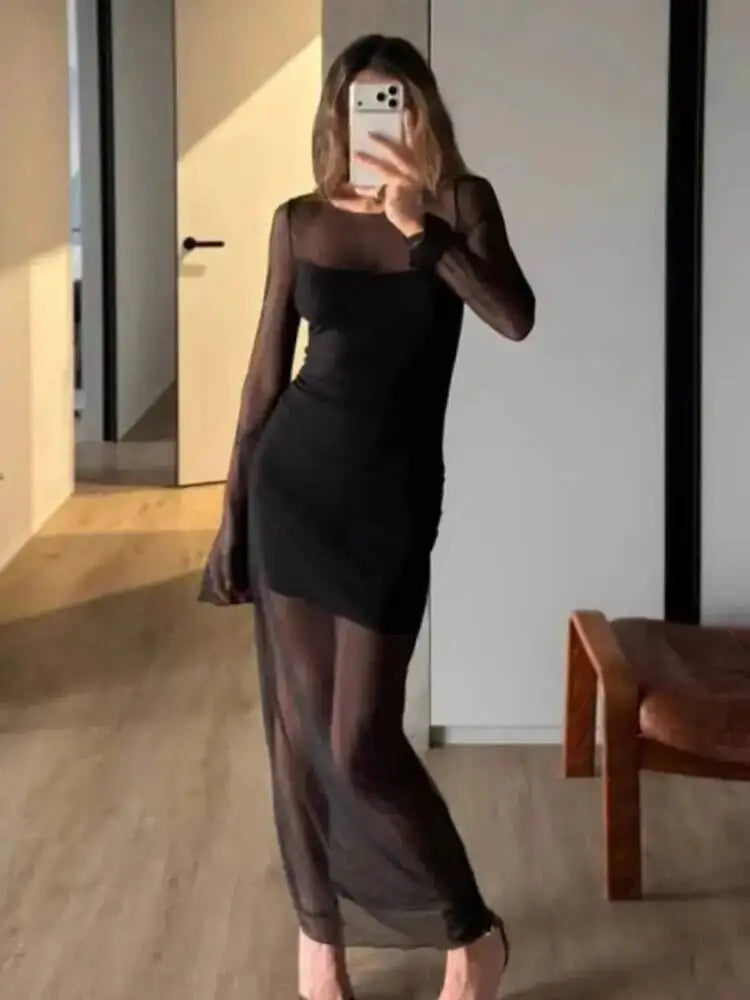 Temperament Sheer Gauze Double-layer Splicing Waist Slimming Dresses