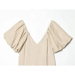 Summer Solid V Neck Puff Sleeve Midi Dresses