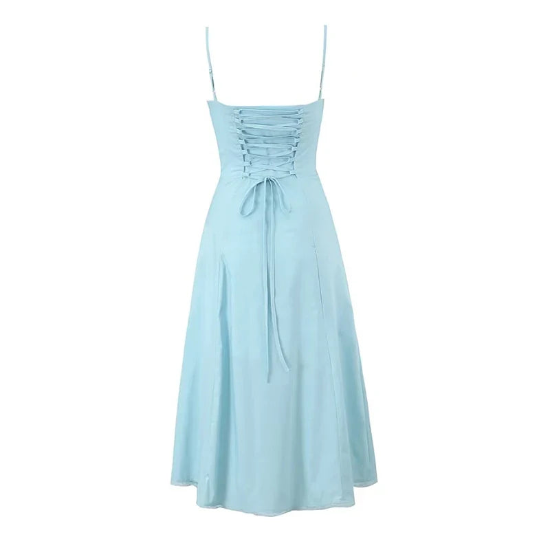 Summer Lace Patchwork Front Slit Bandage Back Sling Sexy Elegant Party Dresses
