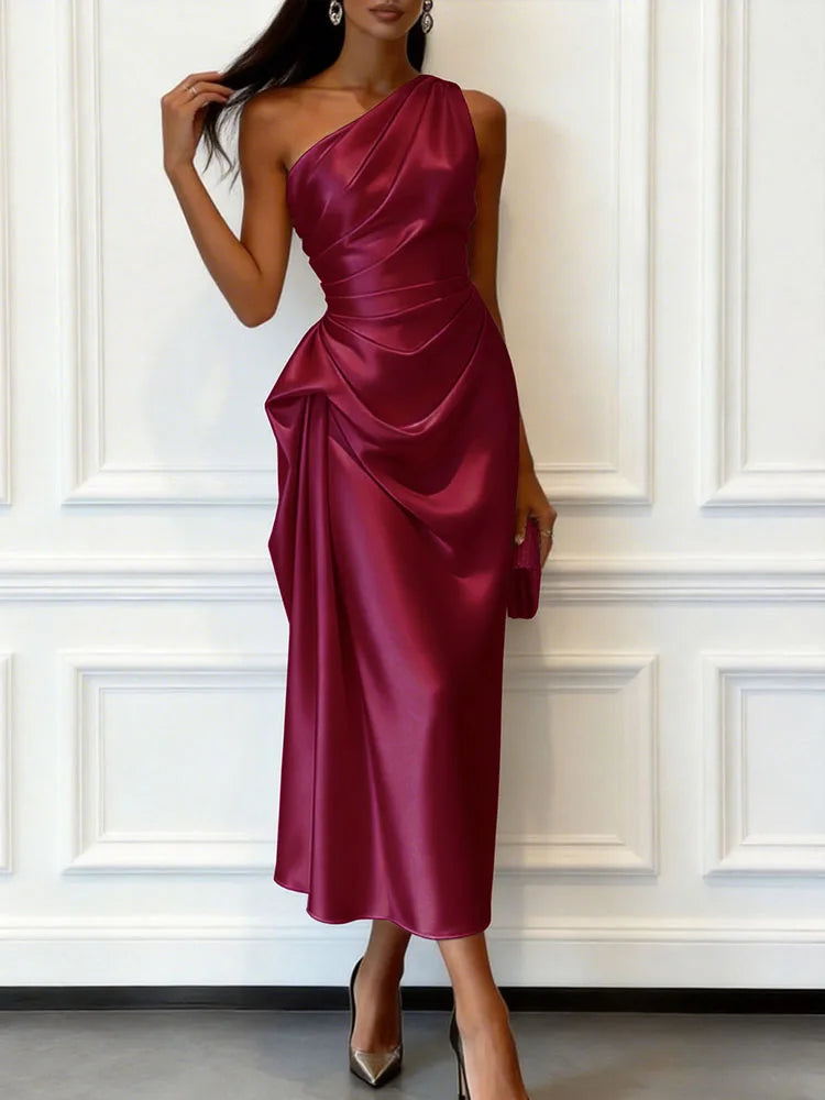 Slanted Neck Draped Summer Long Dresses