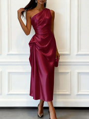 Slanted Neck Draped Summer Long Dresses