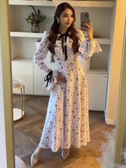 Sweet Printed Bandage Long Sleeved Slim Fit Midi Dresses