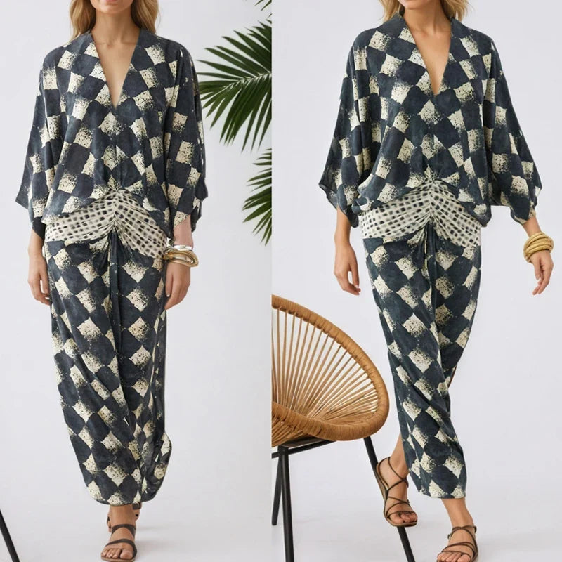 Ladies Sexy Deep V Bohemian Long Dresses Vintage Geometric Print Loose Robe Dresses