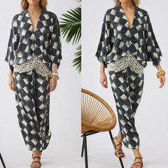Ladies Sexy Deep V Bohemian Long Dresses Vintage Geometric Print Loose Robe Dresses