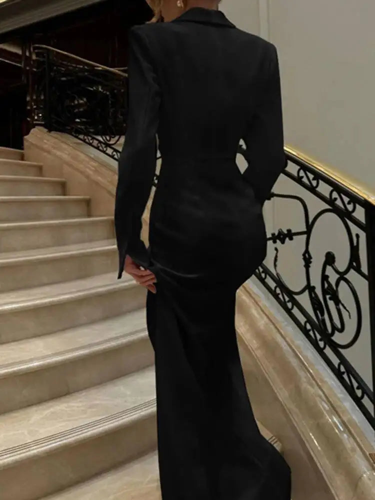 Temperament V-neck Long Sleeved High Waisted Slit Dresses