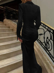 Temperament V-neck Long Sleeved High Waisted Slit Dresses