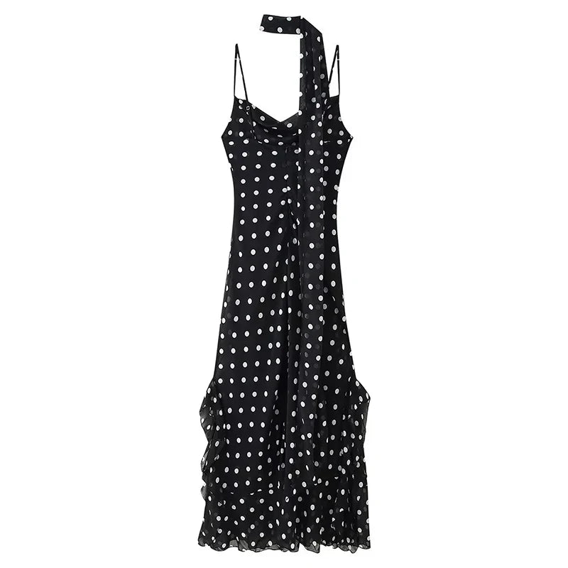 Retro Polk Dot With Scarf Sling Long Dresses Sexy V Neck Ruffle Summer Dresses
