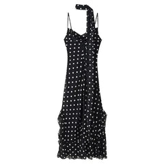 Retro Polk Dot With Scarf Sling Long Dresses Sexy V Neck Ruffle Summer Dresses