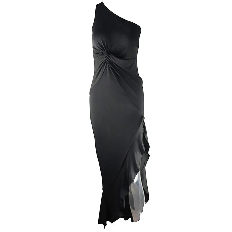 Temperament Slant Neck Sleeveless Ruffle Edge Slit Dresses