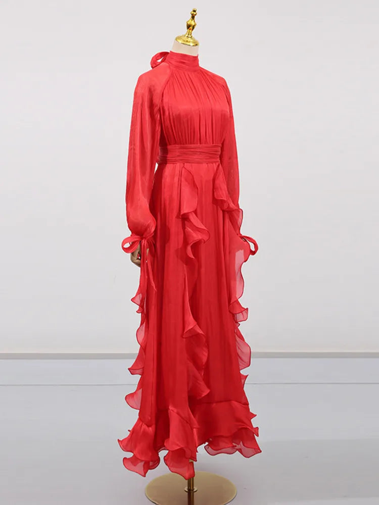 Summer Turtleneck Lantern Full Sleeves Ruffles High Waist Slim Pullover A-line Bottom Dresses