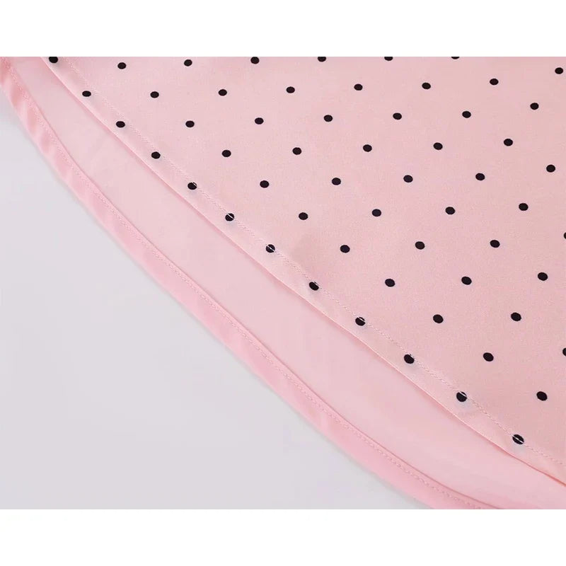 Pink Dot Print Elegant Long Dresses Lace Trim V Neck Short Sleeve A-line Summer Dresses