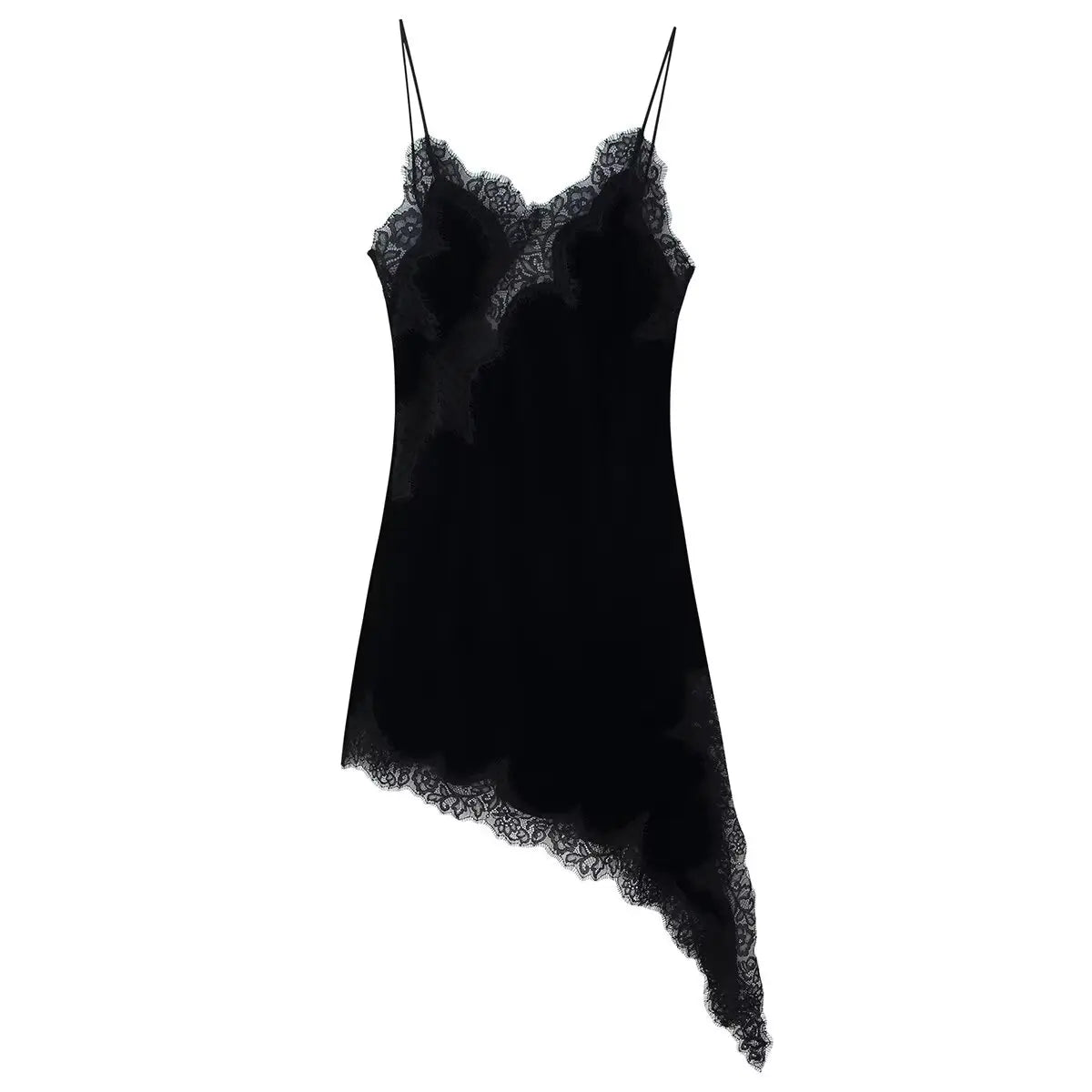 Thin Straps V Neck Lace Trim Velvet Mini Dresses Asymmetrical Sexy Vestidos