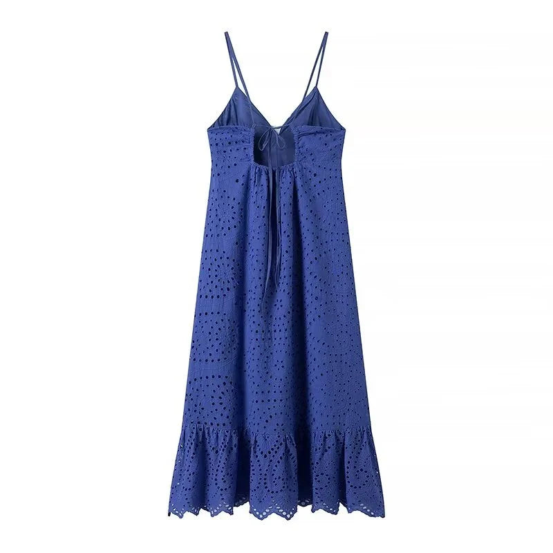 Sexy Backless Hollow Out Embroidery Spaghetti Strap Dresses