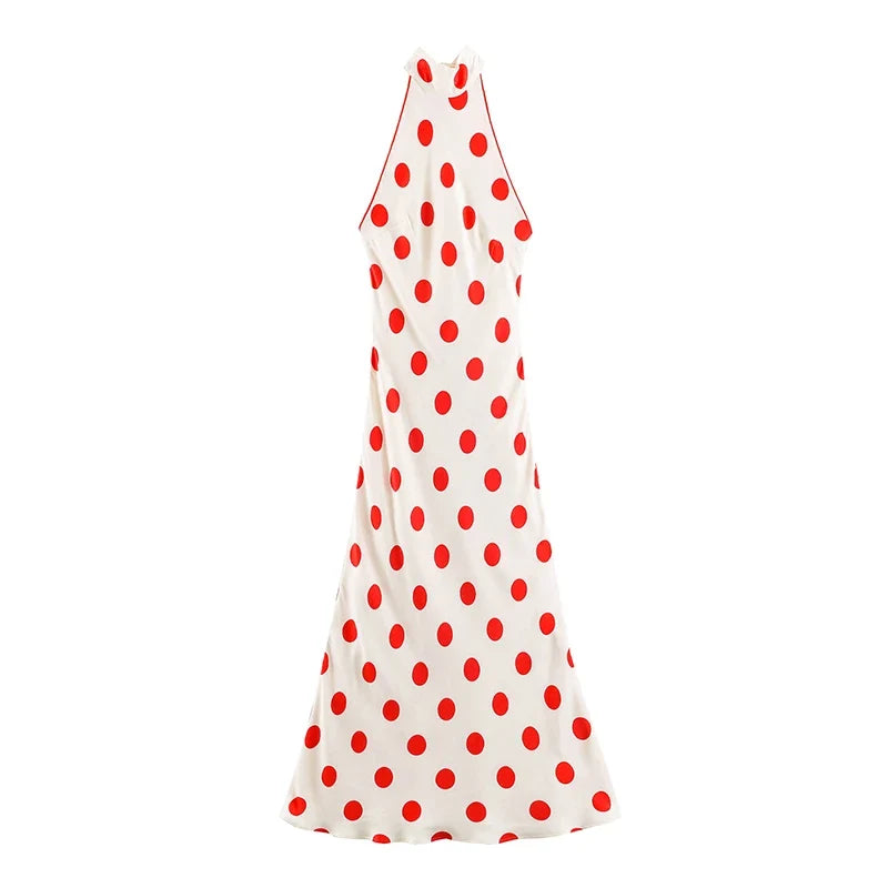 Polka Dot Halter Maxi Dresses Sexy Sleeveless Backless Bodycon Flowy Beach Vacation Summer Dress