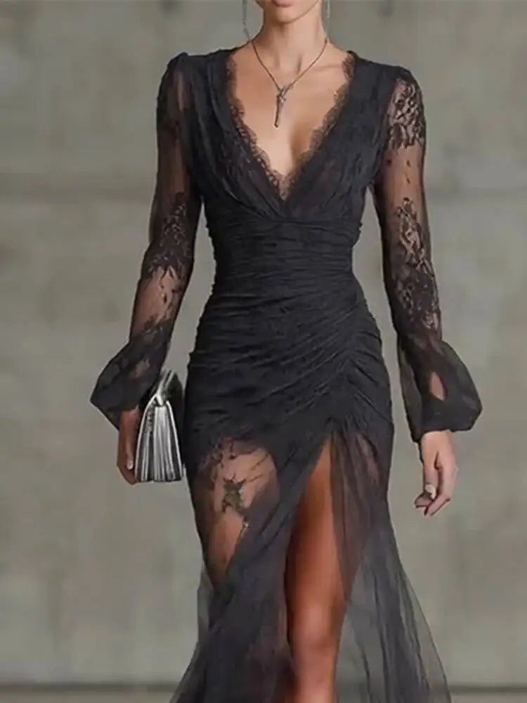 Temperament V-neck Long Sleeved Lace Pleated Waist Slimming Dresses