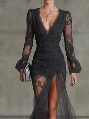 Temperament V-neck Long Sleeved Lace Pleated Waist Slimming Dresses