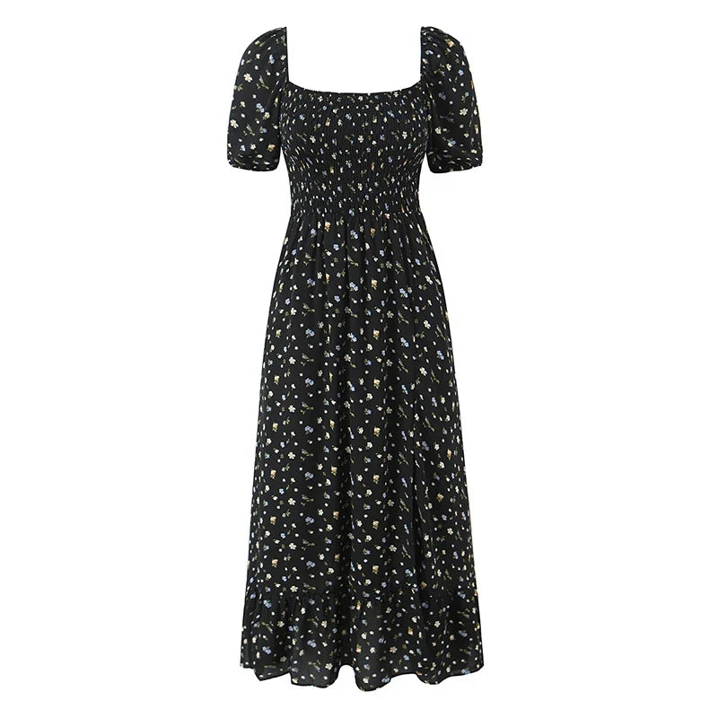 Black Floral Print Square Neck Puff Sleeve A-line Midi Dresses Sexy Slit Casual Summer Vacation Vestidos