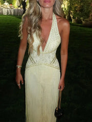 Sexy Backless Hollow Out Party Dresses Sexy Halter Deep V High Waisted Evening Dresses