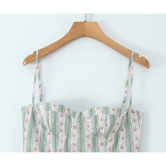 Green Striped Floral Print Sexy Spaghetti Straps Dresses Elegant A-line Midi Vacation Party Dresses Summer Robe