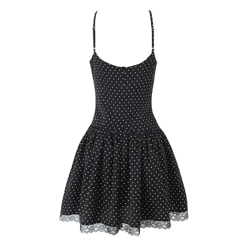 Lace Spliced Polka Dot Sexy Sling Mini Dresses