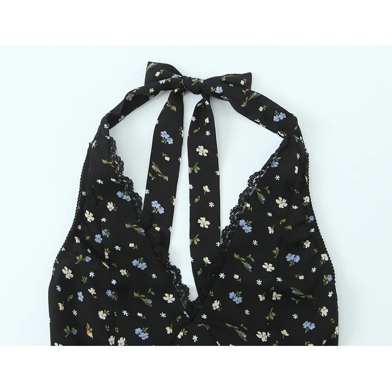 Summer Black Floral Halter Dresses