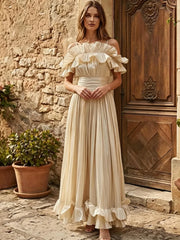 Elegant Slash Neck Lotus Flounced Edge Pleated Waist Dresses