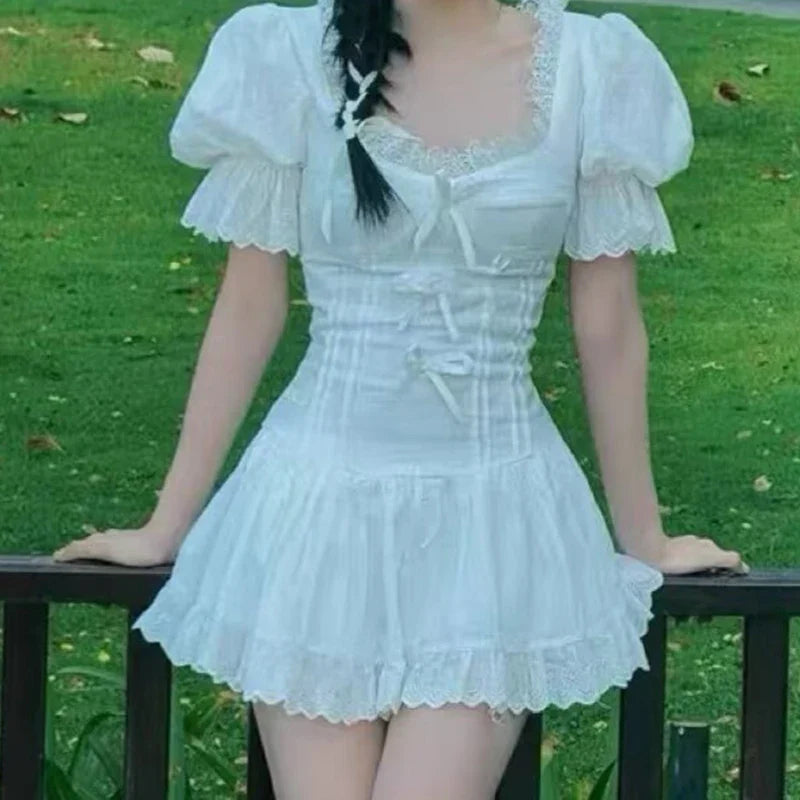 Lace Spliced Bow Beige White Sweet Dresses