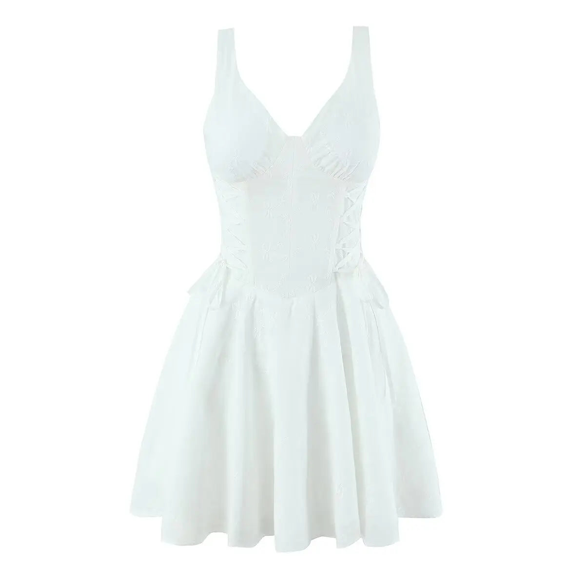 Floral Embroidery Sleeveless White Mini Dresses