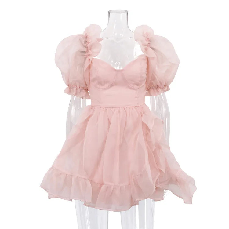 Sweet Square Neck Bubble Sleeve Backless A-line Dresses