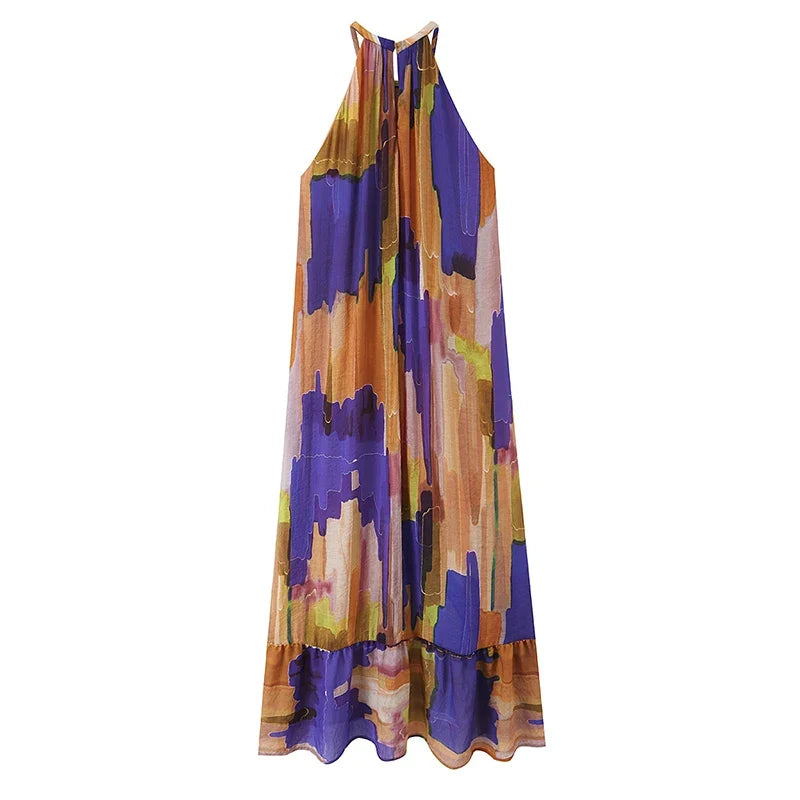 Asymmetrical Hem Print Halter Maxi Dresses