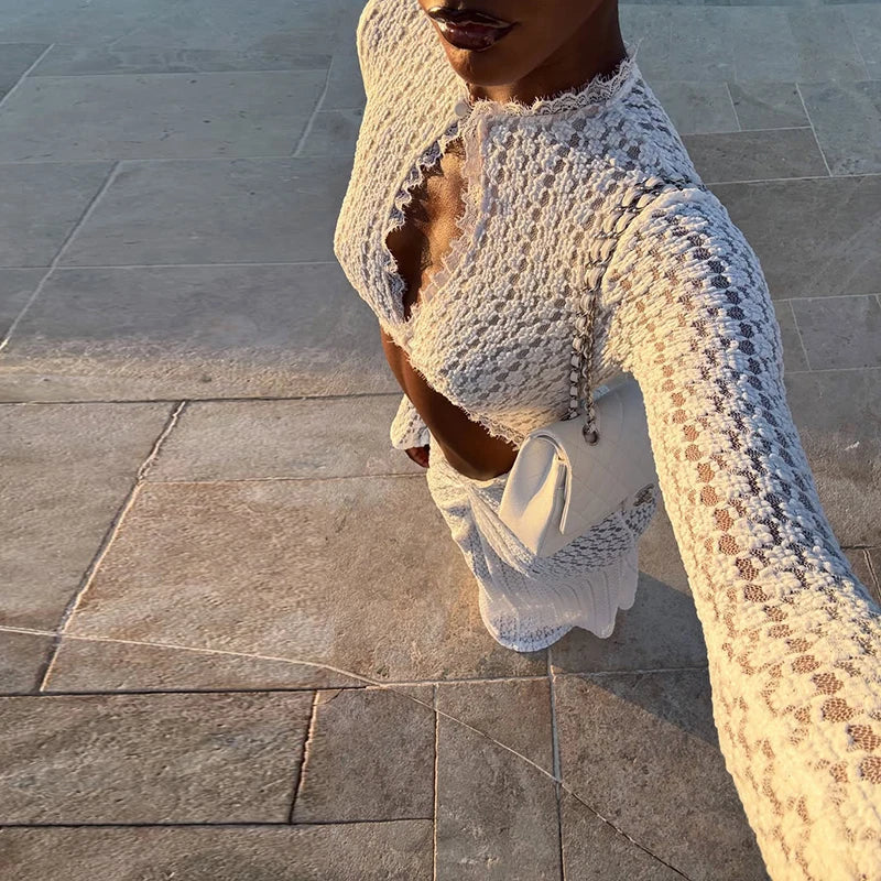 Seaside Beach Hollow Out Long Sleeved Woman Dresses