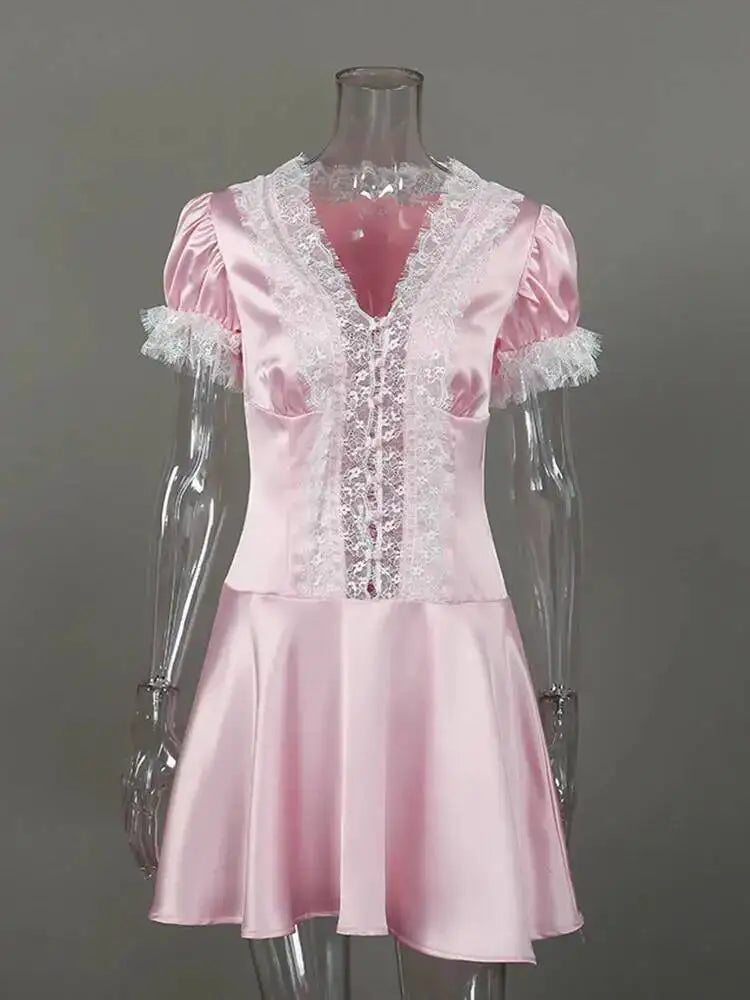 Satin V-neck Bubble Sleeve Lace Patchwork Dresses
