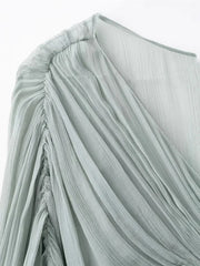 summer V-neck lantern batwing sleeves pleated green color slim high waist pullover loose Dresses