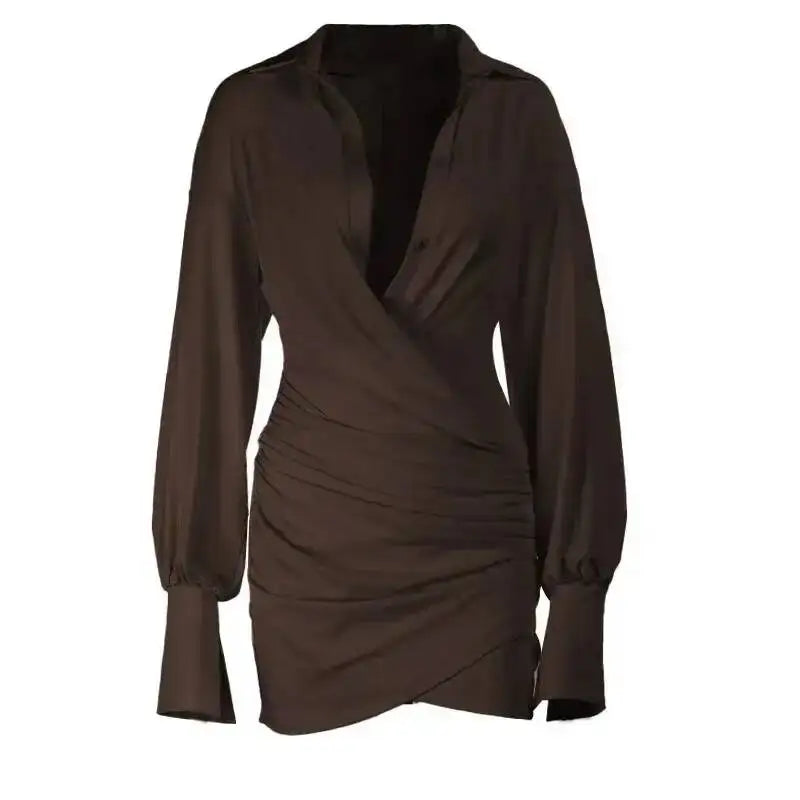 Lapel Collar Wrap Ruched Bodycon Mini Dresses