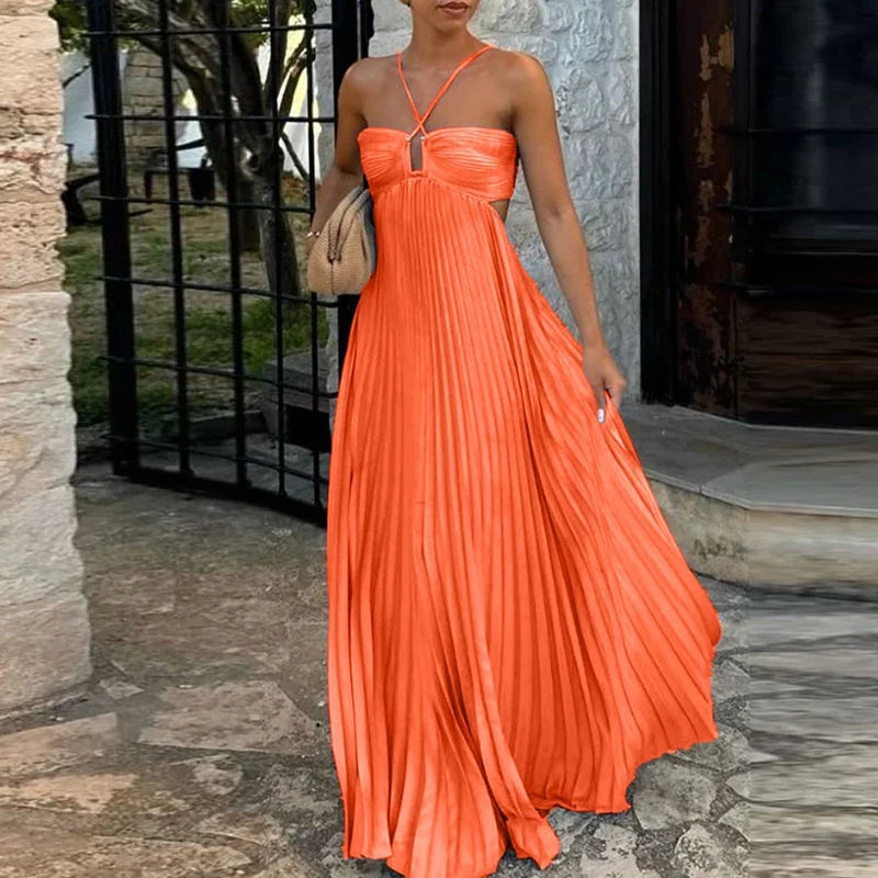 Blue High Waist Pleats Robe Dresses