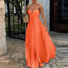 Blue High Waist Pleats Robe Dresses