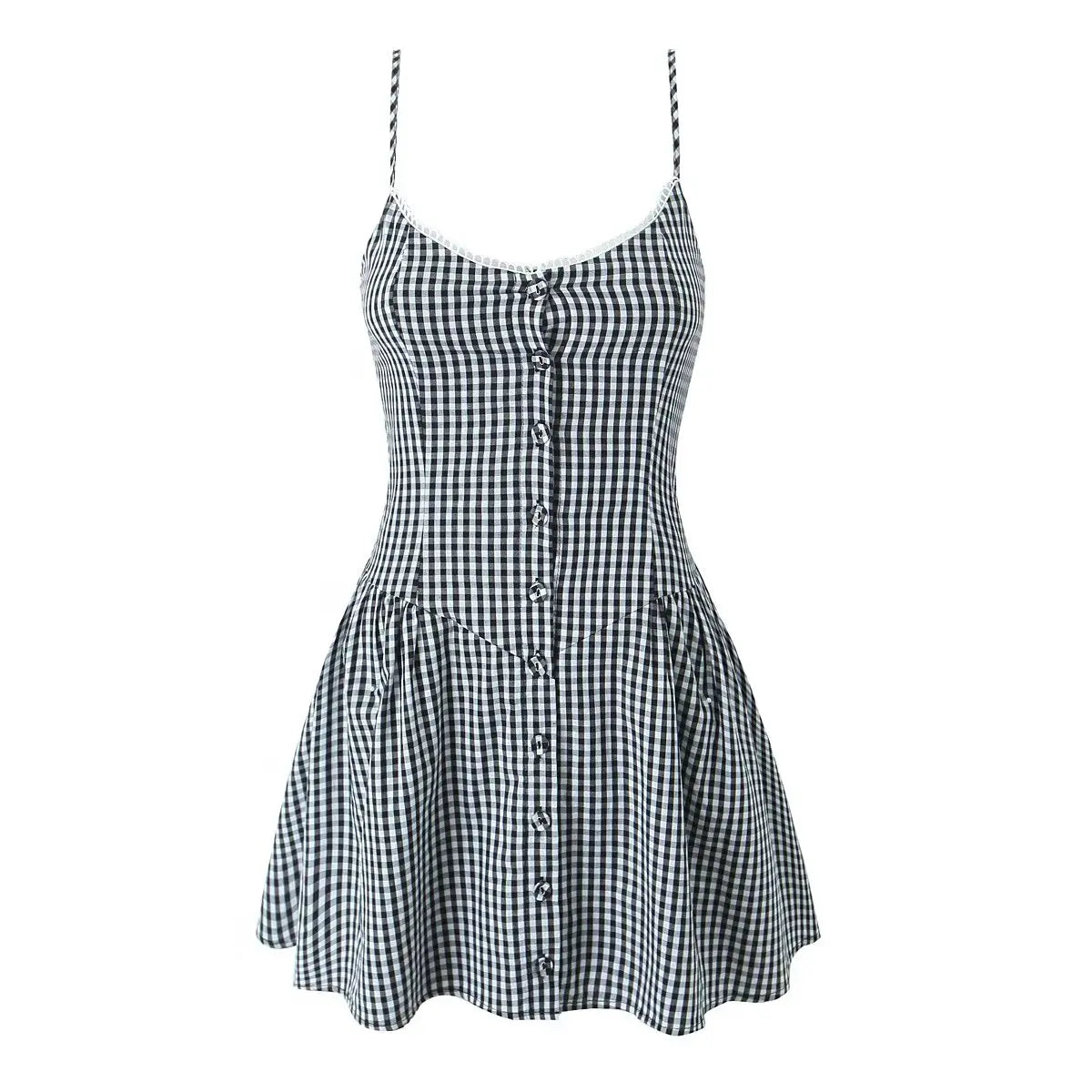 Summer Front Button Plaid Sling Mini Dresses