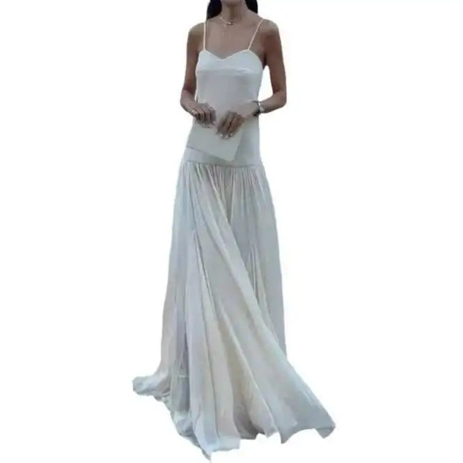 French style pleated high-end long dress, spicy girl vacation style dress, suspender, backless fairy dress