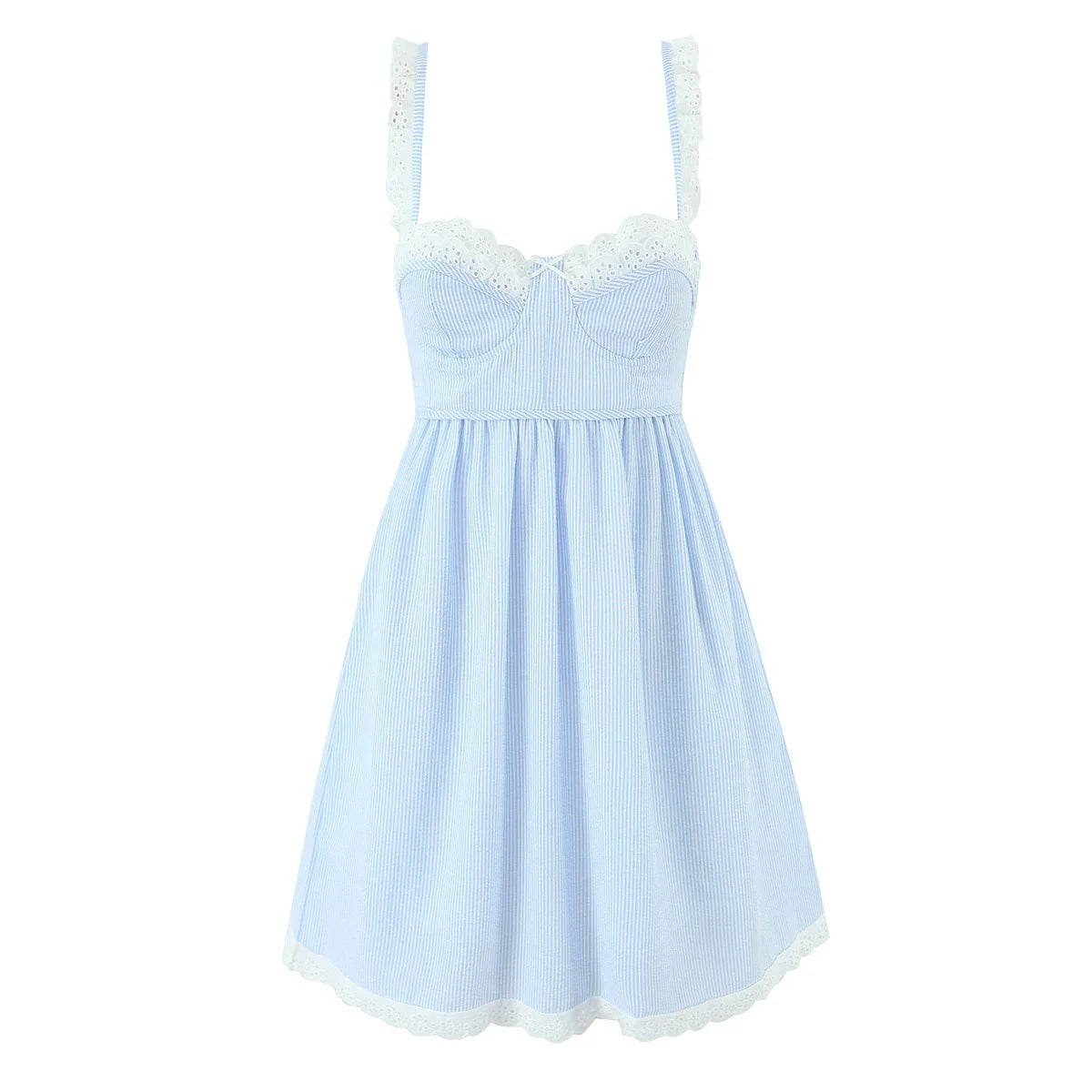 Lace Spliced Blue Striped Sling Short Dresses