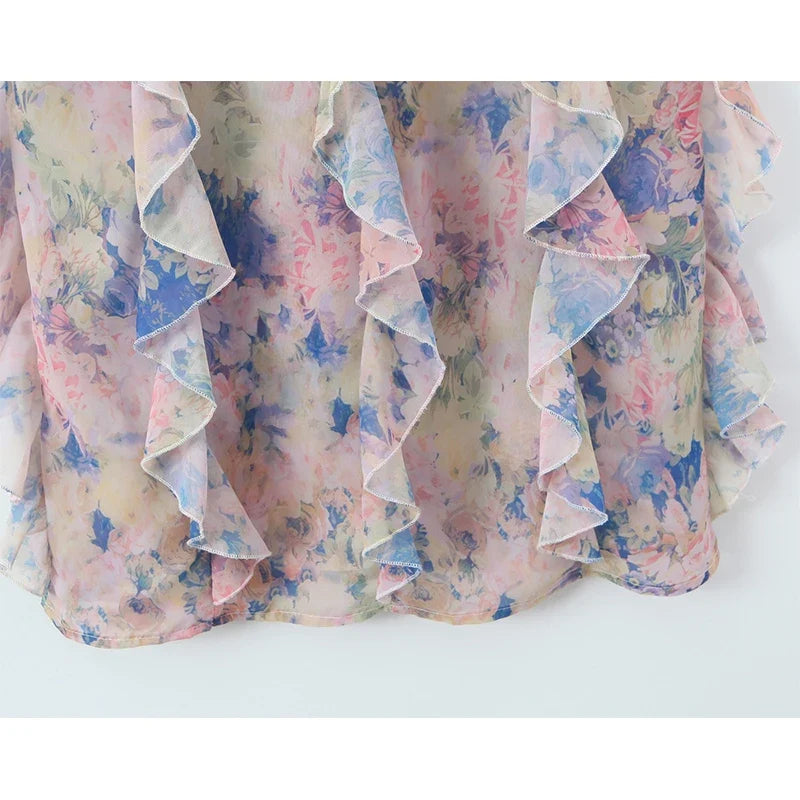 Sexy Backless Sling Floral Print Ruffle Long Dresses