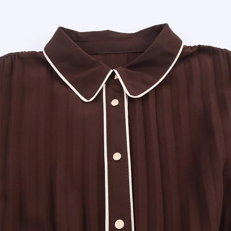 Brown With Belt Pleated Midi Dresses