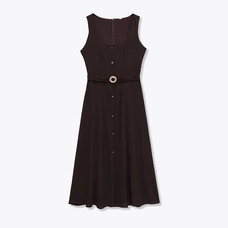 Brown With Belt Elegant Midi Long Dresses