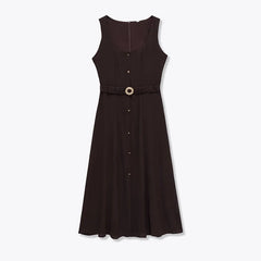 Brown With Belt Elegant Midi Long Dresses