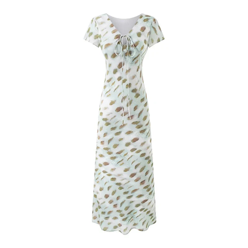 Elegant Girl Short Sleeve V Neck Print A-line Midi Summer Dresses Chic Lady Holiday Robe Party Dress
