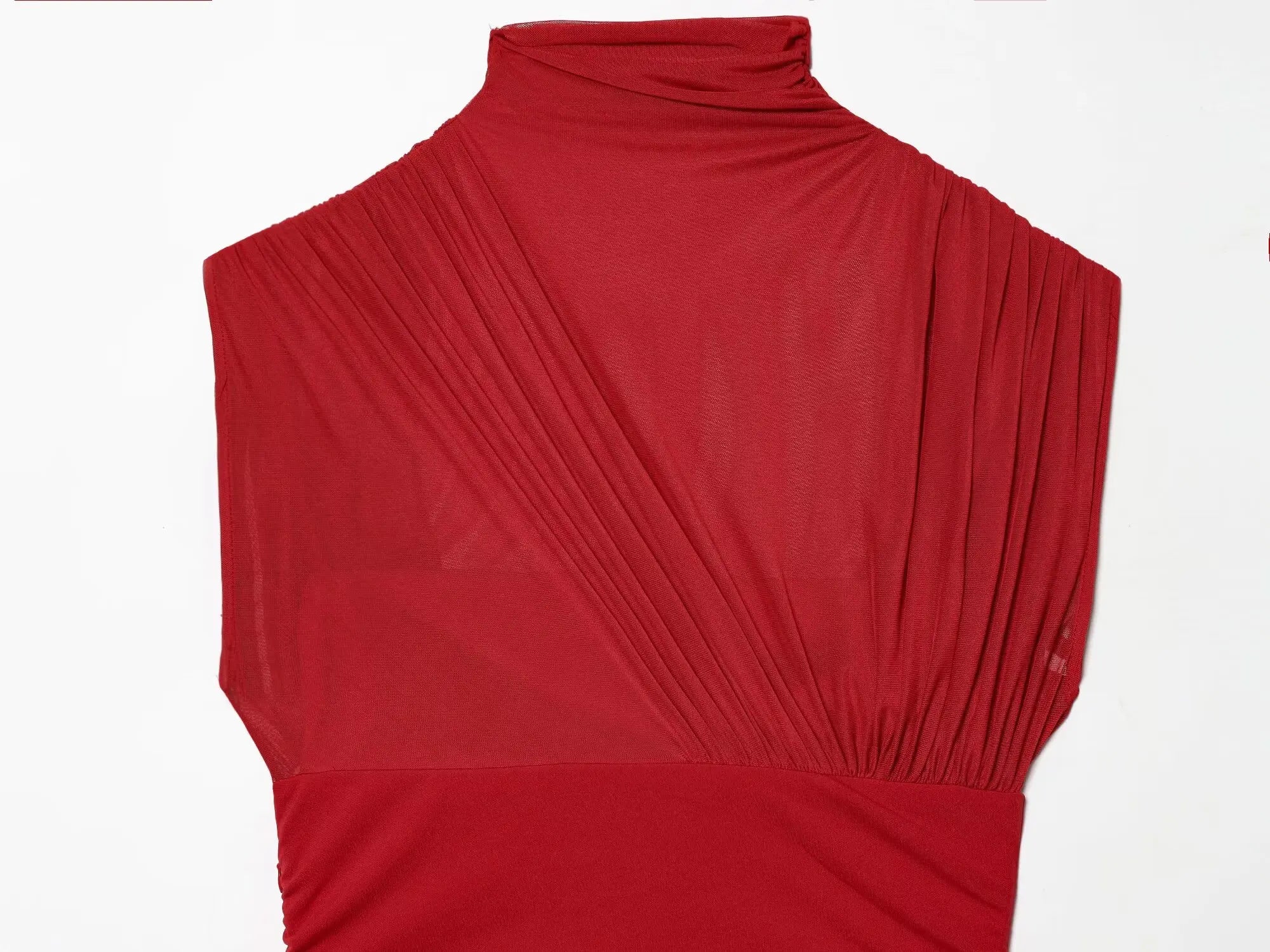 High-Neck Sleeveless Ruched Sheer Red Mini Dresses