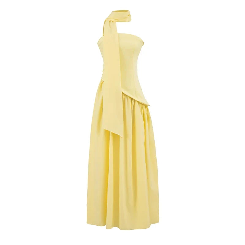 Elegant Strapless With Scarf Long Dresses Sexy High Slit Pleated Hem Evening Party Dresses