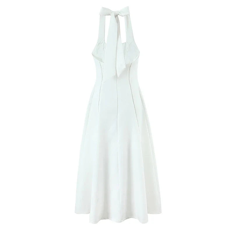 Vintage Elegant Black White Halter Midi Long Dresses A-line Slim Sexy Backless Dresses